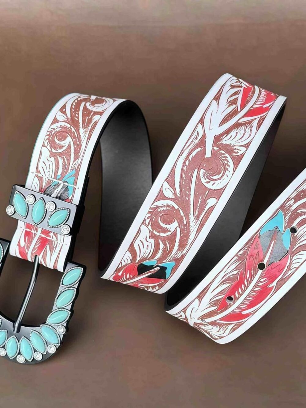 Turquoise Belt for Women, Brown Western Leather Belts for Women, Vintage Country - Picture 4 of 9